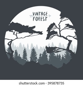 Pine forest in the night against the moon, design template, hand drawn vector illustration