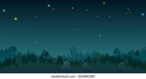 Nachts Pinienwald. Silhouetten von Nadelbäumen in der Dunkelheit. Sterne Himmel. Dunkle Landschaft horizontal. Panoramablick. Schöne Vektorgrafik.