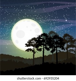 Pine forest on a hill covered with grass.  The night sky with a full round moon, stars, meteorites and clouds. Vector landscape can be used in newsletter, brochures, postcards, banner.