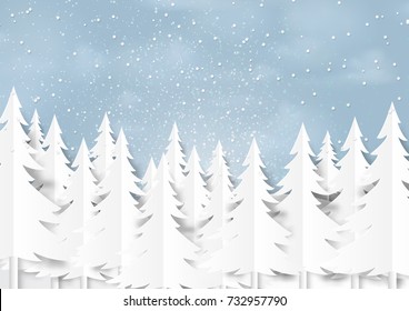 Pine forest on winter season paper art background.For merry christmas and happy new year paper art style.Vector illustration.