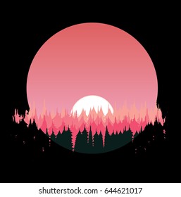 Pine forest, pink sky and sunset
abstract nature, vector illustration