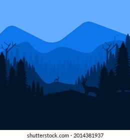 Pine forest silhouette with deer animal