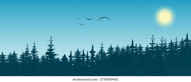  Pine forest silhouette at sunrise with bright sun and flying birds, blue gradient sky and dense evergreen trees, calm nature scene, modern flat vector illustration.