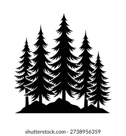 Pine forest silhouette with three evergreen trees on hill landscape
