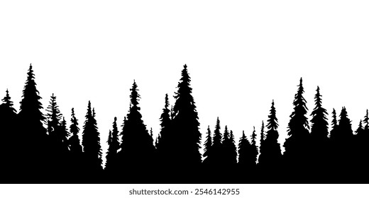 Silueta del bosque de pinos, siluetas de árboles, borde, silueta del paisaje, Naturaleza, aislado, negro, Ilustración vectorial	