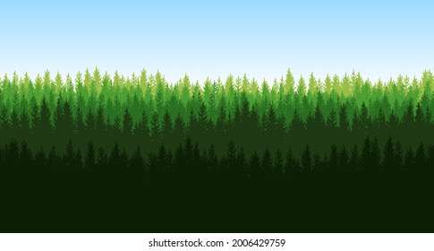 Pine forest. Silhouettes of coniferous green trees. Wild landscape horizontally. Nice panoramic view. Beautifully illustration vector