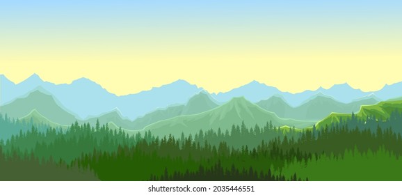 Pine forest. Silhouettes of coniferous trees. Morning. Wild landscape horizontally. Nice panoramic view. Beautifully illustration vector.