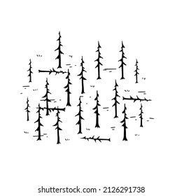 Pine forest. Silhouettes of old dead trees. Swamp area for retro maps.