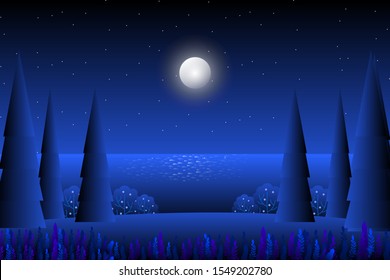 Pine forest with starry night sky landscape
