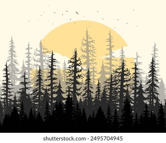 Fondo de la silueta del paisaje del atardecer del bosque de pinos