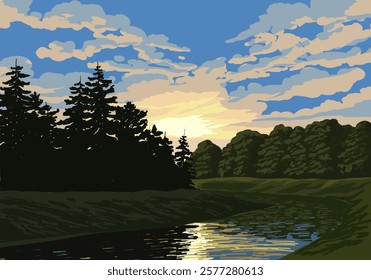 Pine forest sunset scenery with river