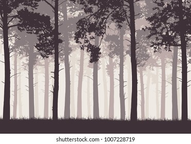 Pine forest with tree trunks and branches in retro colors - vector