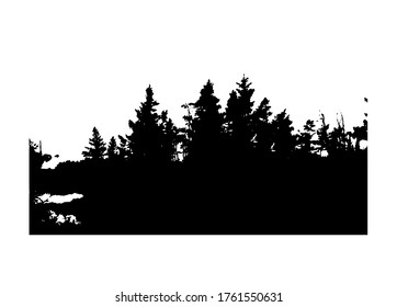 Pine forest trees landscape silhouette black vector drawing isolated on white background.Stencil of fir,cypress.Christmas,Winter spruces border banner design.Wooden decor element for Happy new year.