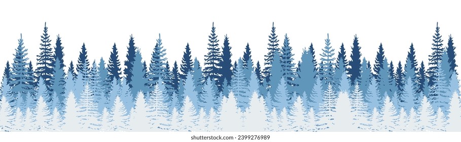 Pine forest. Pine trees silhouette. Coniferous woods silhouette. Pine wood panorama view. High pines in fir Trees forest, isolated