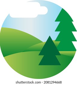 Pine forest and valley countryside land vector. Fir-tree growing on green grass field and cloud sky. Fir tree plant wood and agriculture meadow landscape outdoor flat cartoon illustration