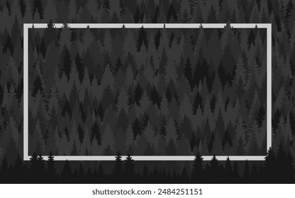 Pine forest vector border frame black background jungle woods nature presentation slide poster landscape wallpaper web cover dark grey illustration