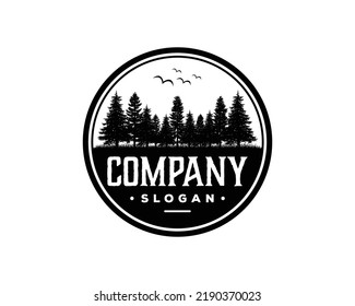 Pine Forest Vintage Logo Vector, Pine Tree Vector, Pine Fir Forest Conifer Coniferous Tree Silhouette	