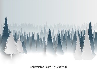 Pine forest in white snow in paper cut style