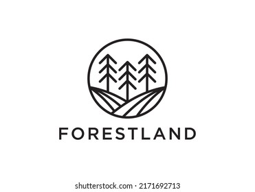 Pine forests land logo design linear style. Vector illustrations.