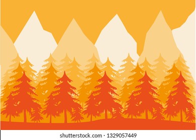 Pine forests with orange mountains.