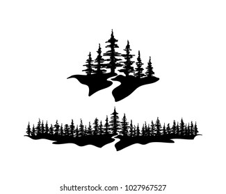 Pine Forests with River Illustration Hand Drawing Symbol Logo Vector