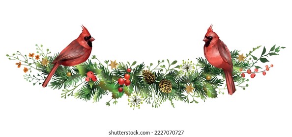 Pine garland with red cardinal birds. Spruce branch with cones, mistletoe leaves and berries. Christmas card template design. Festive poster design. Vector illustration.