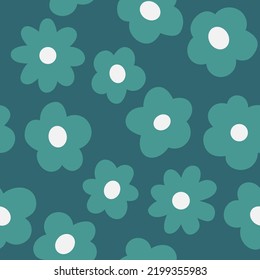 Pine Green Cartoon Flowers on Blue Background, Seamless Pattern Vector. Simple Modern Floral Print Design.
