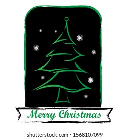 Pine green tree use line style in the night snow with lettering marry christmas