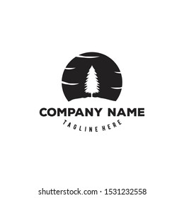 Pine In Hills stand with sun background with clasic retro and vintage style I Logo design template