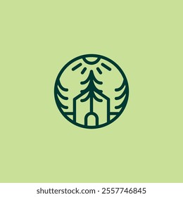 Pine Home With Sun Logo Design Line Art