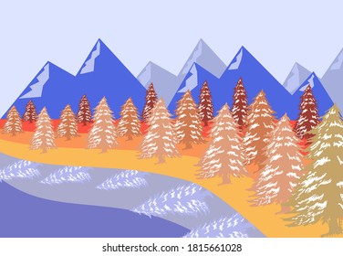 Pino con paisajes de montaña helados, montaña invernal, vista de estilo plano.