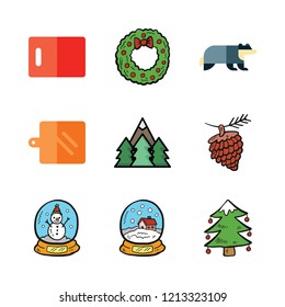 pine icon set. vector set about christmas tree, snow globe, badger and christmas wreath icons set.