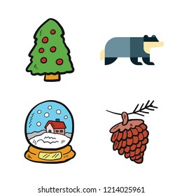 pine icon set. vector set about pine nut, christmas tree, badger and snow globe icons set.