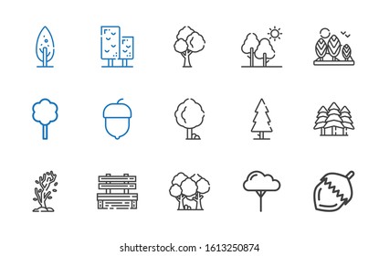 pine icons set. Collection of pine with nut, tree, forest, bench, hazelnut. Editable and scalable pine icons.