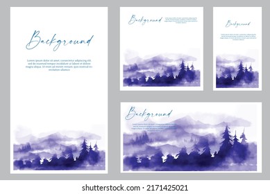 pine landscape and mountain watercolour. set card watercolor mountain and pine. watercolour for wedding mountain