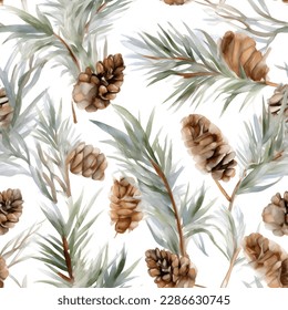  pine leave and pine cone seamless pattern in watercolor