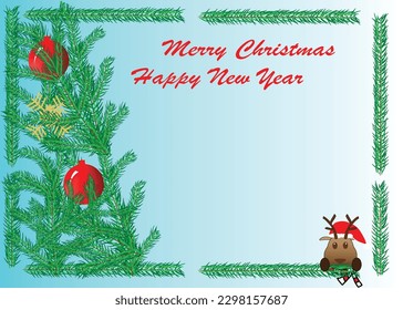 pine leaves ball flake and reindeer decoration design with merry chrismas happy new year letter for greeting postcard gift element vector and illustration 