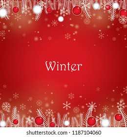 Pine leaves, Christmas ball and snowflake vector background for decoration on Christmas holiday event.