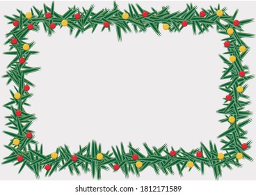 Pine leaves frame with christmas balls.