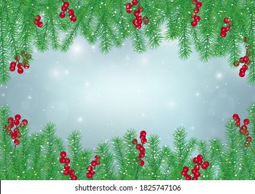Pine leaves with holly berries frame on blue background, Christmas backdrop vector illustration
