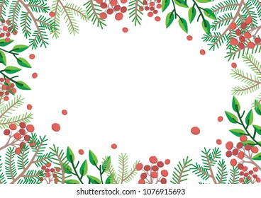 Pine leaves and red berries frame on white background