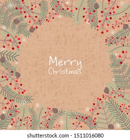 Pine leaves, red berries, pine seed and snowflake on brown background vector for decoration on Christmas holiday events. 