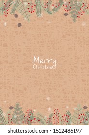 Pine leaves, red berries, pine seed and snowflake on brown background vector for decoration on Christmas holiday events. 