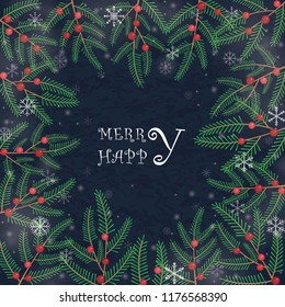 Pine leaves, red berries and snowflake vector background for Christmas festival and happy new year events.