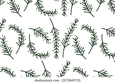 Pine leaves seamless pattern. Line illustration with Christmas tree branches . Pine needles texture.
