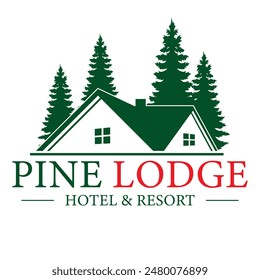 pine lodge logo template. Cabin in the woods vector illustration. Cabin rentals logo