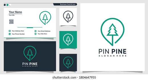 pine logo with pin location style and business card design template Premium Vector