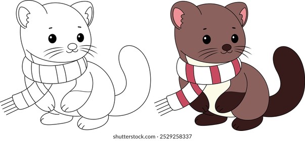 Pine marten outline coloring page. Christmas and Winter Animal Illustration 