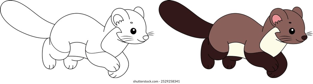 Pine marten outline coloring page. Christmas and Winter Animal Illustration 