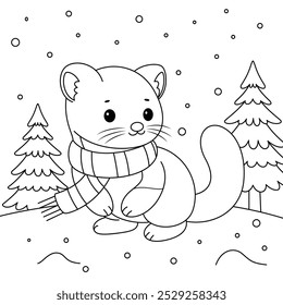 Pine marten outline coloring page. Christmas and Winter Animal Illustration 